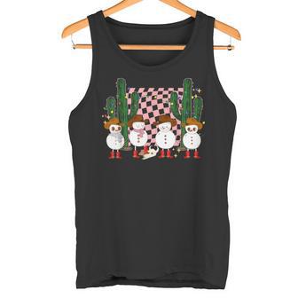 Retro Groovy Cowboy Snowmans Western Cactus Howdy Christmas Tank Top - Monsterry