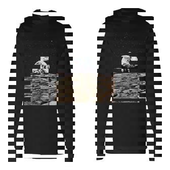 Earth Rise Over Moon Surface T-Shirt Space Exploration Tee Long Sleeve T-Shirt - Monsterry