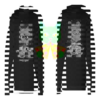 Galaxy Cat Pizza Slice Space Universe Trippy Cosmic Long Sleeve T-Shirt - Monsterry