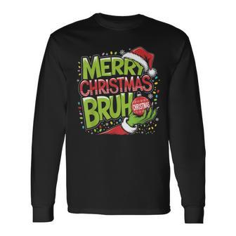 Merry Christmas Bruh Green Hand Santa Hat Xmas Family Pjs Long Sleeve T-Shirt - Thegiftio UK