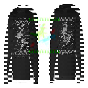 T Rex Monster Trucks Boys Men Santa Saurus Christmas Sweater Long Sleeve T-Shirt - Monsterry