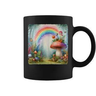 Rainbow Sprouting From Large Mushroom In Forest Magical Tank Top Graphic Print Coffee Mug - Monsterry