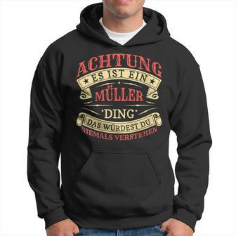 Damen Achtung Es Ist Ein Müller Ding Nachname Namensschild Mit-Ausschnitt Kapuzenpullover - Geschenkecke