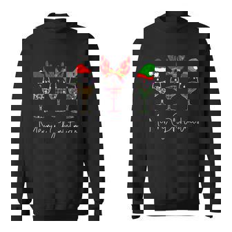 Merry Christmas Wine Glass Santa Hat Reindeer Plaid Red Xmas Sweatshirt - Monsterry