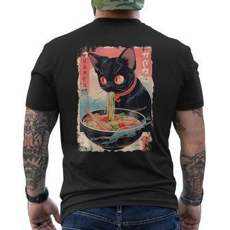 Cat Eating Ramen Noodles Japanese Graphic Anime Men's T-shirt Back Print - Monsterry