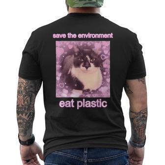 Cat Save The Environment Eat Plastic Men's T-shirt Back Print - Thegiftio UK