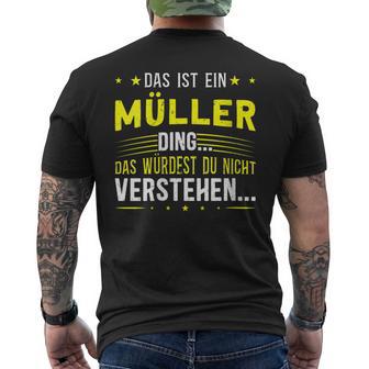 Damen Das Ist Ein Müller Ding Spruch Für Familie Müller Mit-Ausschnitt T-Shirt mit Rückendruck - Geschenkecke