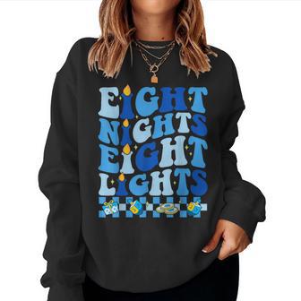 Retro Groovy Eight Nights And Eight Lights Happy Hanukkah Women Sweatshirt - Thegiftio UK