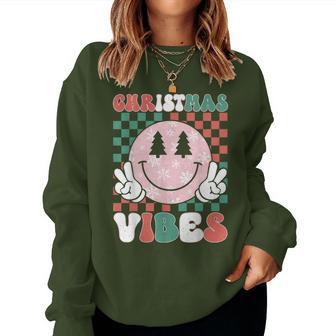 Christmas Vibes Retro Groovy Smile Face Xmas Pajamas Women Sweatshirt - Monsterry