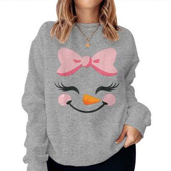 Christmas Pink Bow Snowman For Girls Cute Snowgirl Face Women Sweatshirt - Seseable
