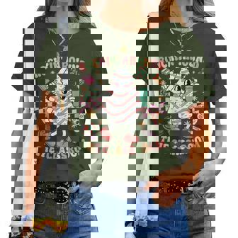 Groovy Rocking Around Classroom Teacher Christmas Tree Cake Women T-shirt - Thegiftio