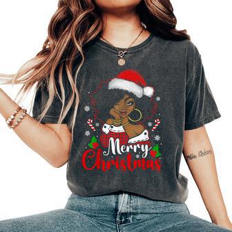 Merry Christmas Black African Girl Santa Hat Xmas Pajamas Women's Oversized Comfort T-Shirt - Thegiftio UK
