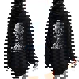 Grey Alien On The Moon Surface Portrait Cool Fun Women Oversized Hoodie Back Print - Monsterry