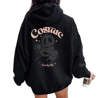 Mystical Cosmic Snake And Flowers Graphic Women Oversized Hoodie Back Print - Monsterry