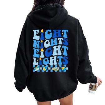 Retro Groovy Eight Nights And Eight Lights Happy Hanukkah Women Oversized Hoodie Back Print - Thegiftio UK