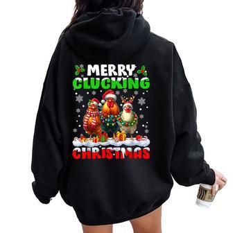 Merry Clucking Christmas Chicken Santa Hat Xmas Pajama Women Oversized Hoodie Back Print - Thegiftio UK