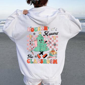 Groovy Rockin' Around The Classroom Retro Teacher Christmas Women Oversized Hoodie Back Print - Thegiftio UK