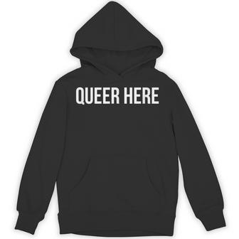Queer Here Rainbow Gender Neutral Pride Androgyny Unisex Hoodie - Monsterry