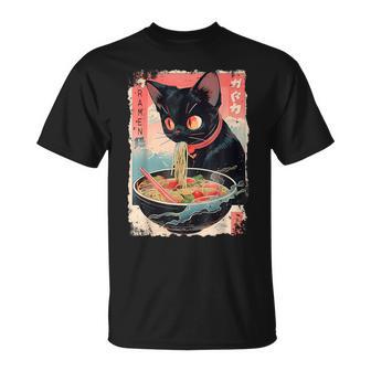 Cat Eating Ramen Noodles Japanese Graphic Anime T-Shirt - Monsterry