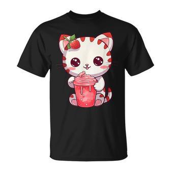 Cute Kawaii Strawcat Anime Strawberry Red Pink Cat Neko T-Shirt - Monsterry