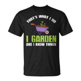 Damen Das Ist Was Ich Im Garten Mache Und Ich Weiß Dinge Mit-Ausschnitt T-Shirt - Geschenkecke