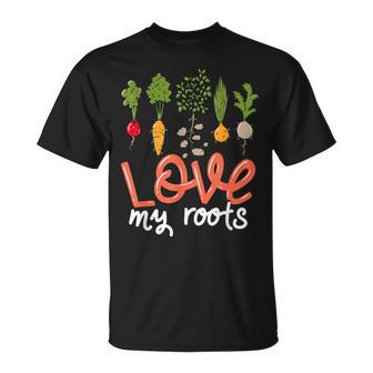 Gardener I Love My Roots Vegan Veggie Vegetables Gardening T-Shirt - Monsterry