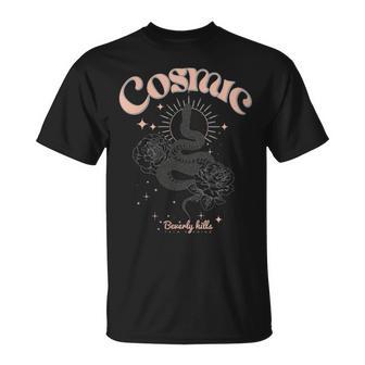 Mystical Cosmic Snake And Flowers Graphic T-Shirt - Monsterry