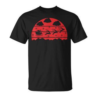 Retro Vintage Christmas Santa On Sleigh With Flying Reindeer T-Shirt - Monsterry
