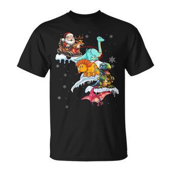 Santa Claus Riding A Reindeer Dinosaur Sleigh Christmas T-Shirt - Monsterry