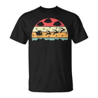 Vintage Christmas Santa Claus On Sleigh With Flying Reindeer T-Shirt - Monsterry
