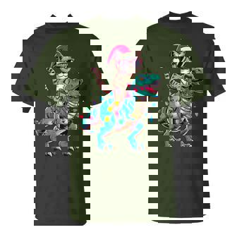 Christmas Cat Riding Dinosaur T-Rex Christmas Lights T-Shirt - Monsterry