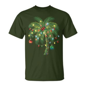 Tropical Christmas Palm Tree With Lights And Ornaments T-Shirt - Monsterry