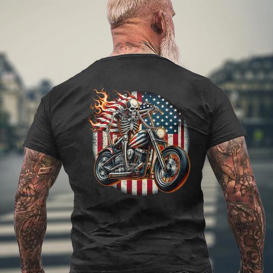 Camicia Miami Ink Uomo Con Scheletro Biker Su Moto, Bandiera Patriottica, Taglie L, XL, 3XL, Nera