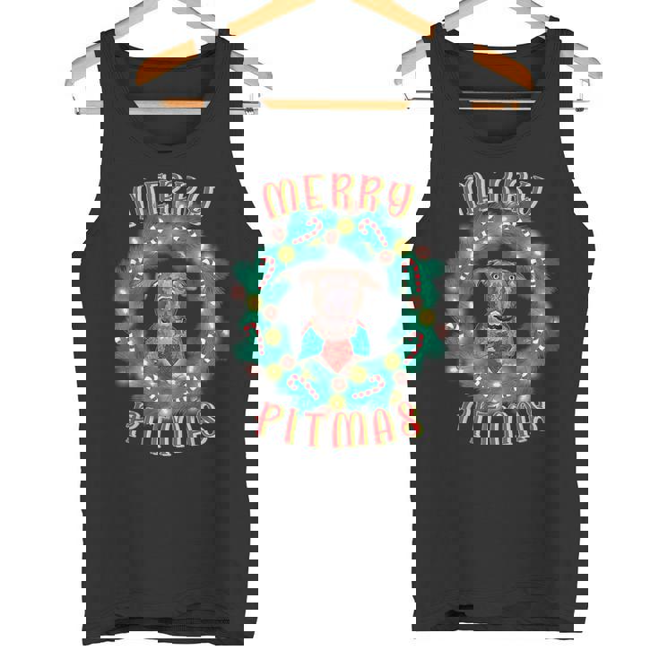 Merry Pitmas Pitbull Dog Christmas Candy Canes Glow Wreath Tank Top
