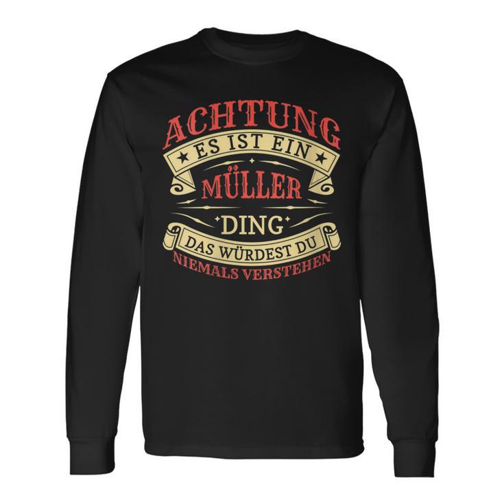 Damen Achtung Es Ist Ein Müller Ding Nachname Namensschild Mit-Ausschnitt Langarmshirts Geschenkideen