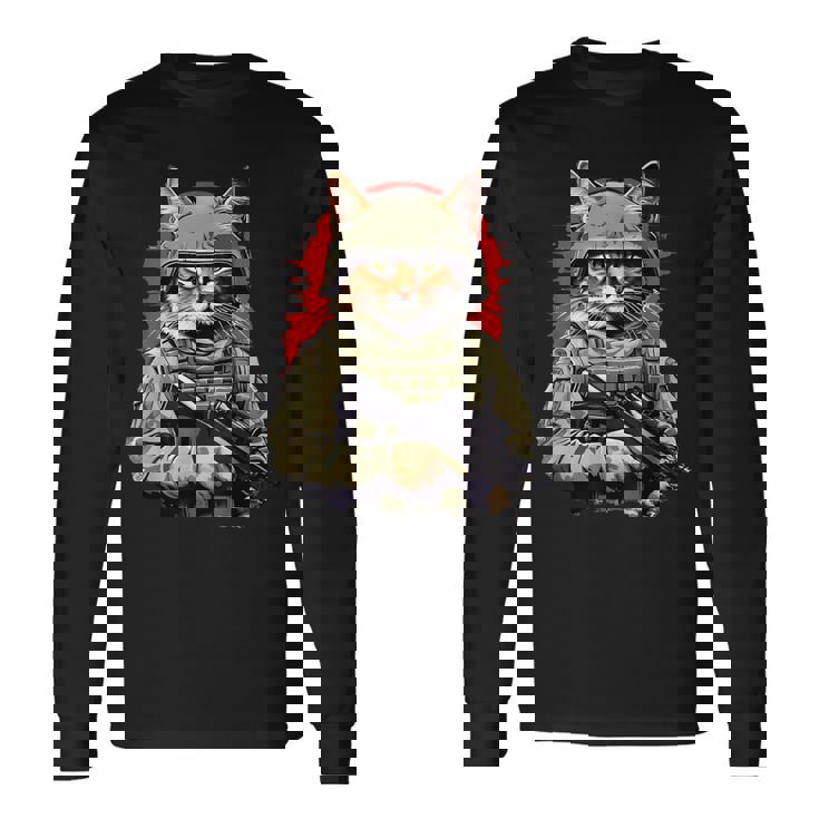 Army Cat With Gun Soldier Warrior Kitty Long Sleeve T-Shirt