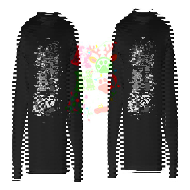 Ho Ho Ho Christmas Pajamas Cat Dog Paw Print For Puppy Lover Long Sleeve T-Shirt