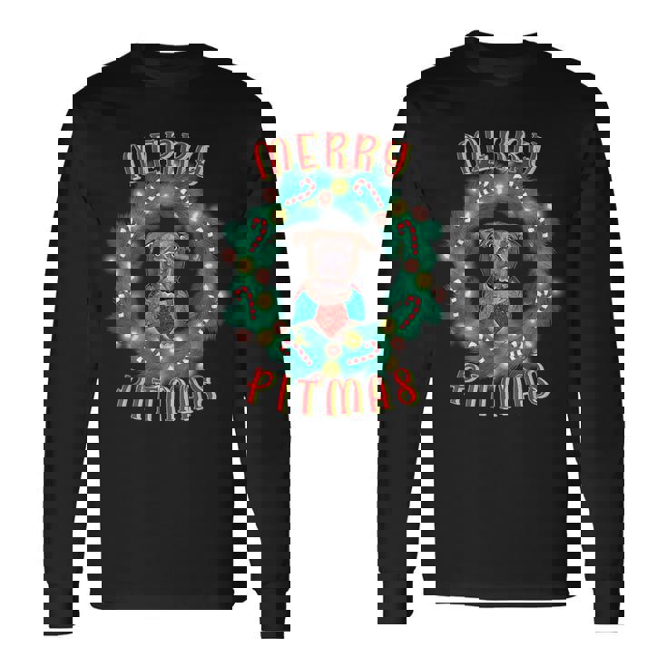 Merry Pitmas Pitbull Dog Christmas Candy Canes Glow Wreath Long Sleeve T-Shirt