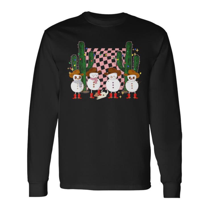 Retro Groovy Cowboy Snowmans Western Cactus Howdy Christmas Long Sleeve T-Shirt