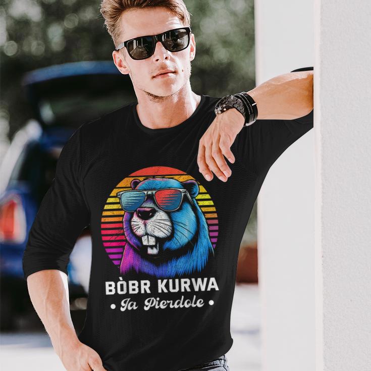 Synthwave Polish Bobr Meme Bober Kurwa Ja Pierdole Bòbr Langarmshirts Geschenke für Ihn