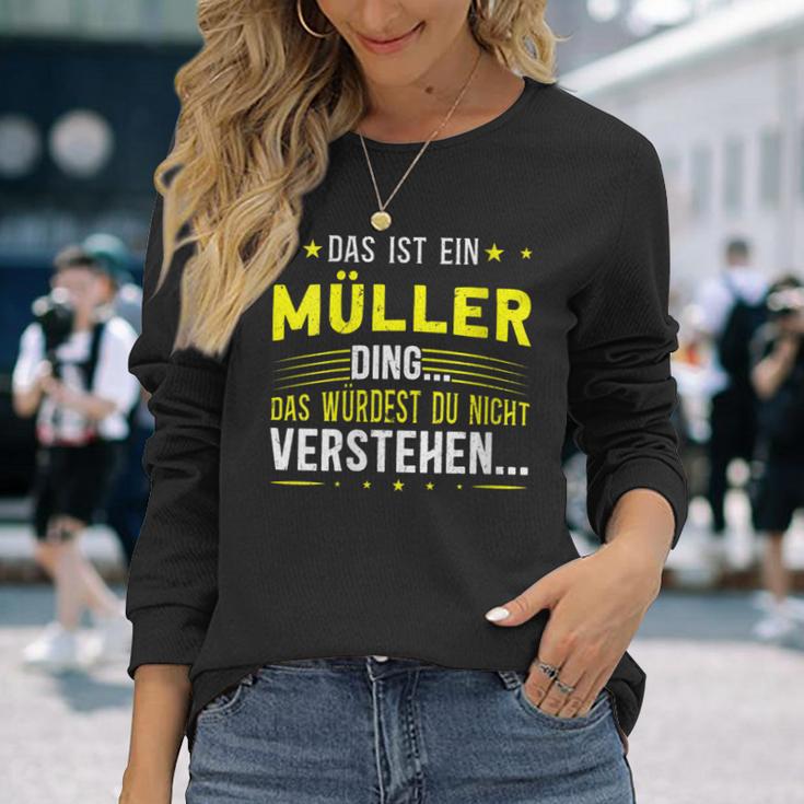 Damen Das Ist Ein Müller Ding Spruch Für Familie Müller Mit-Ausschnitt Langarmshirts Geschenke für Sie