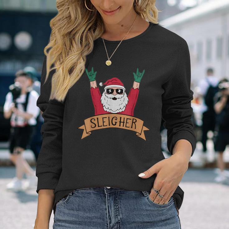 Sleigher Rock N Roll Santa Claus Christmas Long Sleeve T-Shirt Gifts for Her