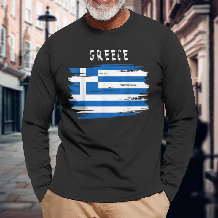 Greece Flag Brush Stroke Style Langarmshirts Geschenke für alte Männer