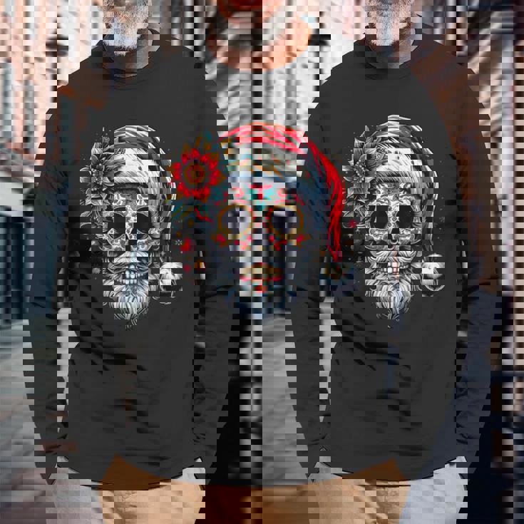 Santa Sugar Skull Mexican Calavera Christmas Long Sleeve T-Shirt Gifts for Old Men