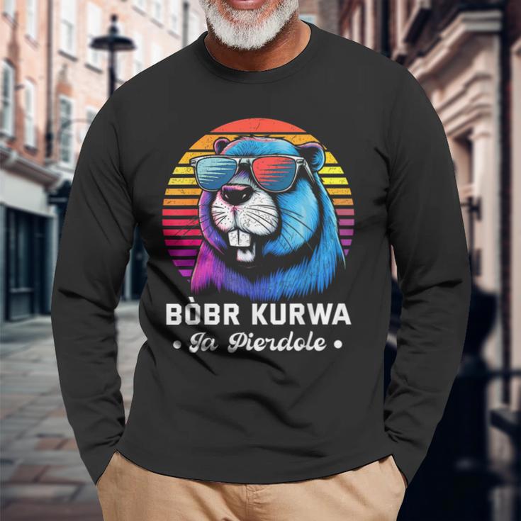 Synthwave Polish Bobr Meme Bober Kurwa Ja Pierdole Bòbr Langarmshirts Geschenke für alte Männer