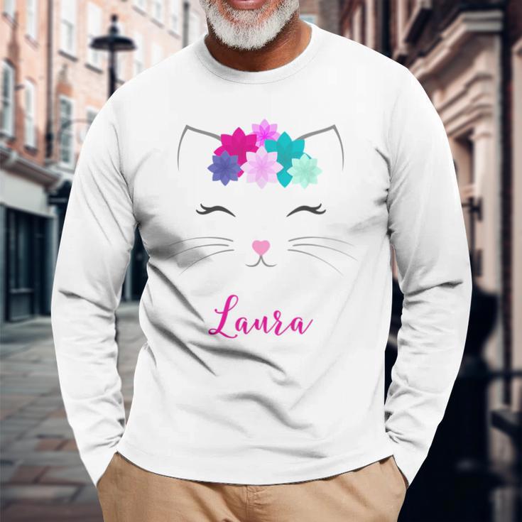 Laura Name Colourful Kitten Cat Laura Langarmshirts Geschenke für alte Männer