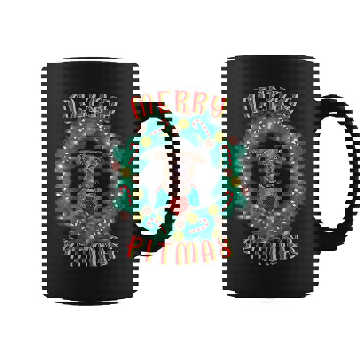 Merry Pitmas Pitbull Dog Christmas Candy Canes Glow Wreath Graphic Print Coffee Mug