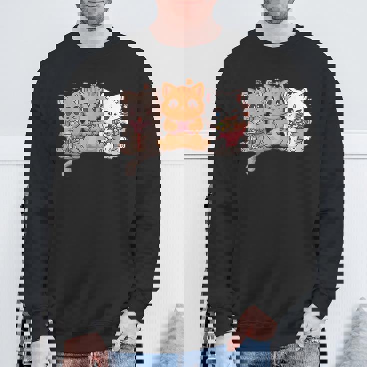 Kawaii Gamer Gaming Cat Boba Cat Bubble Tea Ramen Cats Sweatshirt Gifts for Old Men