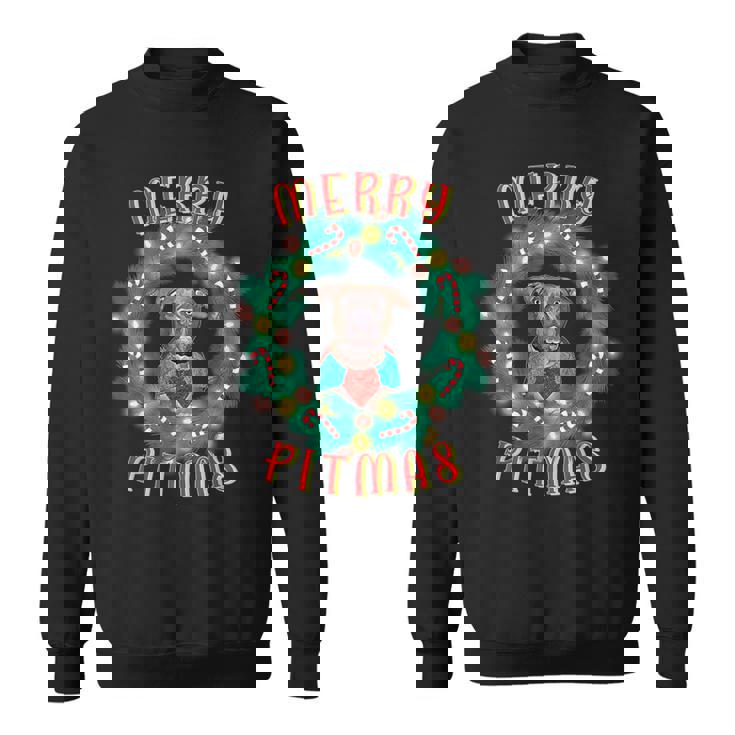 Merry Pitmas Pitbull Dog Christmas Candy Canes Glow Wreath Sweatshirt