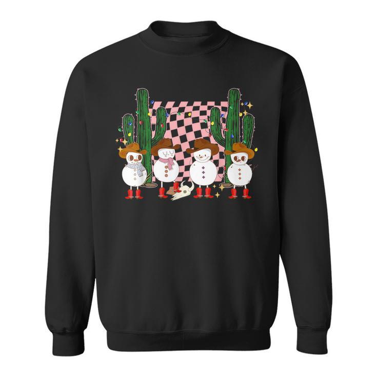 Retro Groovy Cowboy Snowmans Western Cactus Howdy Christmas Sweatshirt